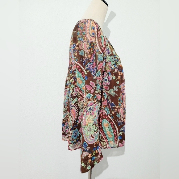 NorthStyle Women's Boho Paisley Blouse Size 6 Brown Multicolor Long Sleeve Top - Picture 4 of 11